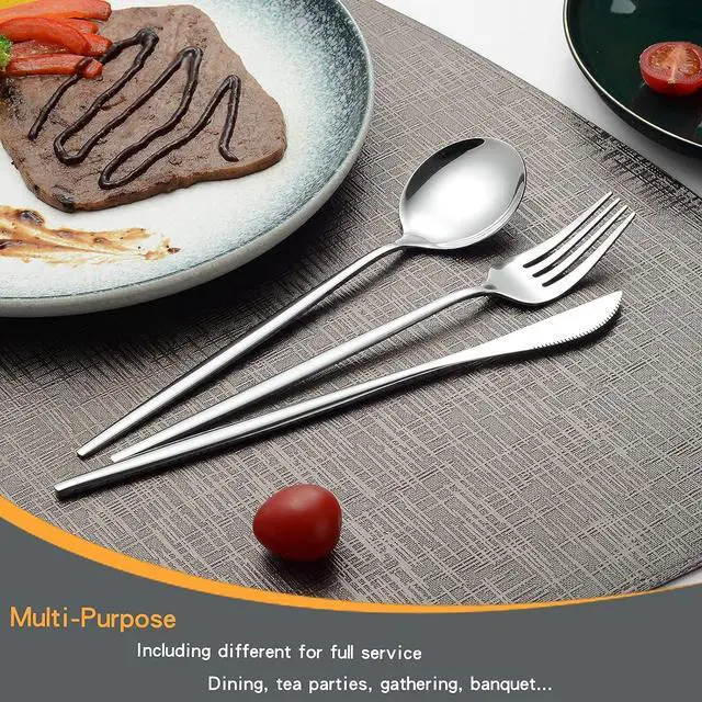 Alt view image 6 of 6 - Mirror Modern Flatware Set for 4, 20-Piece Stainless Steel Silverware Set, LaienLife Unique Utensils with Long Forks Spoons and Knives Sets, Great for Home and Restaurant, Dishwasher Safe - Silver