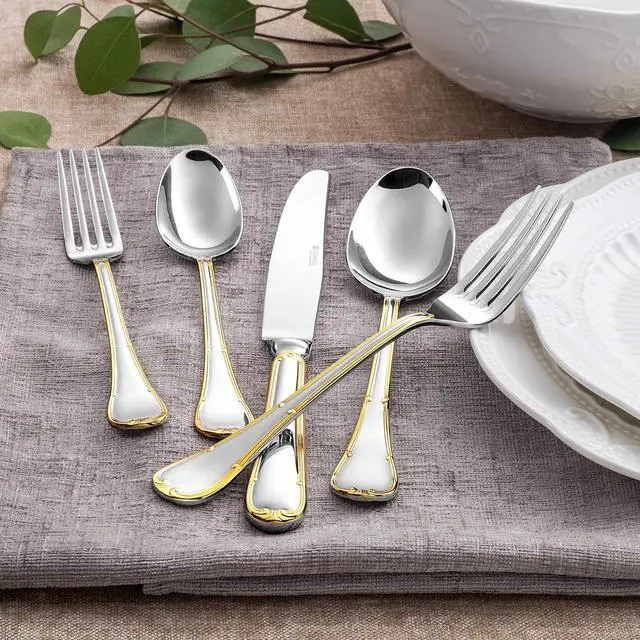 Alt view image 3 of 7 - KEAWELL Elizabeth 20-Piece 18/10 Stainless Steel Flatware Set, Service for 4, Fine Silverware Set (Gold Accent), Dishwasher Safe, Mirror Polished