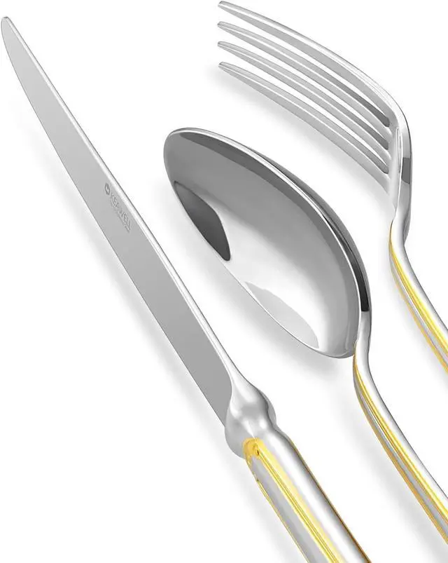 Alt view image 5 of 7 - KEAWELL Elizabeth 20-Piece 18/10 Stainless Steel Flatware Set, Service for 4, Fine Silverware Set (Gold Accent), Dishwasher Safe, Mirror Polished