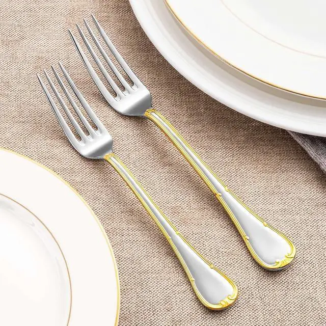 Alt view image 7 of 7 - KEAWELL Elizabeth 20-Piece 18/10 Stainless Steel Flatware Set, Service for 4, Fine Silverware Set (Gold Accent), Dishwasher Safe, Mirror Polished
