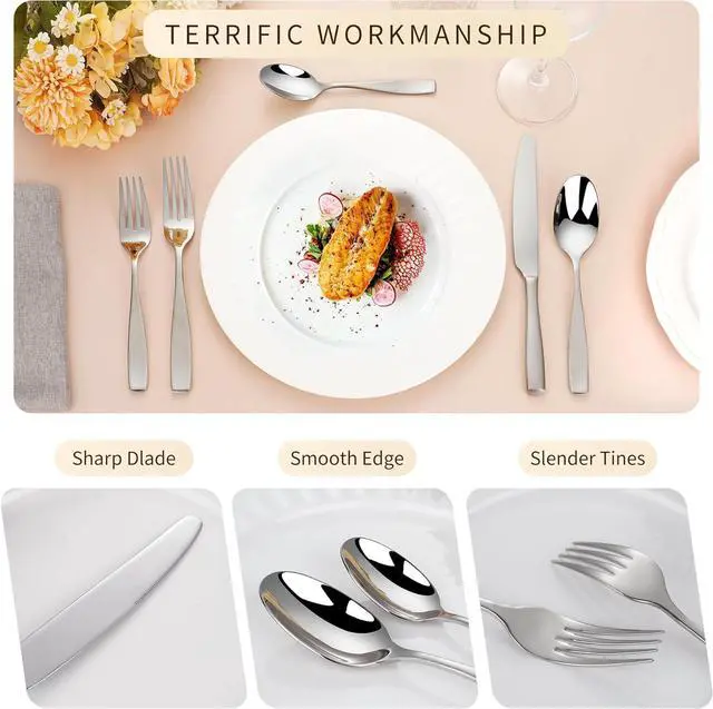 Alt view image 2 of 6 - 60-Piece 18/10 Stainless Steel Flatware Set for 12, Heavy Duty Silverware Set, High End Flatware, Dishwasher Safe, Ideal for New Home Essentials Gift