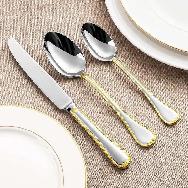 Alt view image 6 of 7 - KEAWELL Elizabeth 20-Piece 18/10 Stainless Steel Flatware Set, Service for 4, Fine Silverware Set (Gold Accent), Dishwasher Safe, Mirror Polished