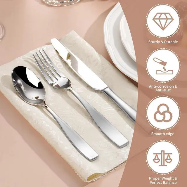 Alt view image 3 of 6 - 60-Piece 18/10 Stainless Steel Flatware Set for 12, Heavy Duty Silverware Set, High End Flatware, Dishwasher Safe, Ideal for New Home Essentials Gift