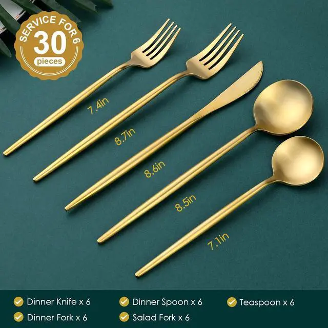 Alt view image 2 of 7 - Matte Gold Silverware Set, OGORI 30-Piece Food Grade Stainless Steel Gold Flatware Set, Kitchen Utensil Set Service for 6, Tableware Cutlery Set for Home and Restaurant, Dishwasher Safe