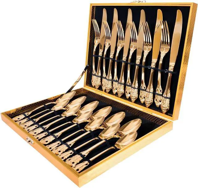 Main image of ZCF 24-Piece Gold Flatware Silverware Set,18/10 Heavy Duty Stainless Steel Flatware Service for 6,Cutlery Include Knife/Fork/Spoon/Coffee Spoon,Mirror Polished, Dishwasher Safety