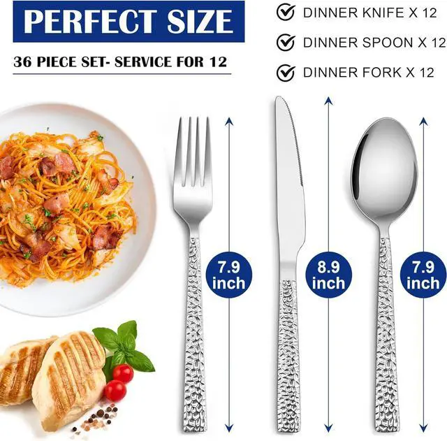Alt view image 2 of 7 - E-far 36-Piece Hammered Forks Spoons and Knives Set, Silverware Set for 12, Stainless Steel Square Flatware Set for Home Kitchen Restaurant, Mirror Polished & Dishwasher Safe