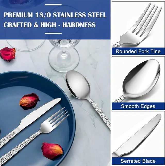 Alt view image 3 of 7 - E-far 36-Piece Hammered Forks Spoons and Knives Set, Silverware Set for 12, Stainless Steel Square Flatware Set for Home Kitchen Restaurant, Mirror Polished & Dishwasher Safe