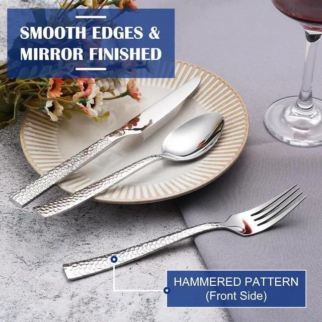 Alt view image 4 of 7 - E-far 36-Piece Hammered Forks Spoons and Knives Set, Silverware Set for 12, Stainless Steel Square Flatware Set for Home Kitchen Restaurant, Mirror Polished & Dishwasher Safe