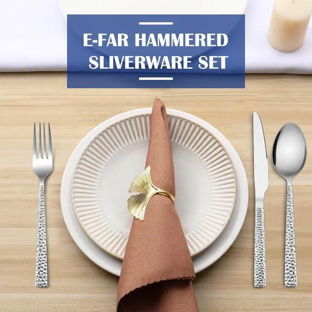 Alt view image 7 of 7 - E-far 36-Piece Hammered Forks Spoons and Knives Set, Silverware Set for 12, Stainless Steel Square Flatware Set for Home Kitchen Restaurant, Mirror Polished & Dishwasher Safe