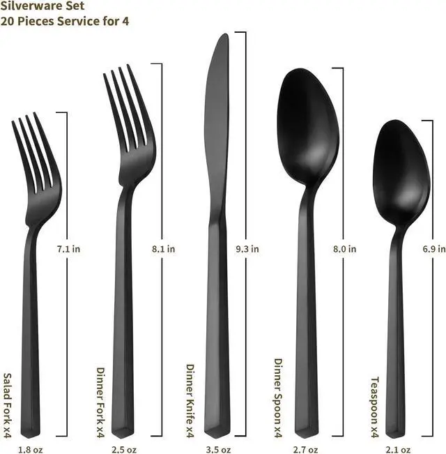 Alt view image 4 of 6 - Alata Cube Black 20-Piece Forged Silverware Set Stainless Steel Flatware Set,Service for 4,Matte Satin Polished Cutlery Set,Dishwasher Safe
