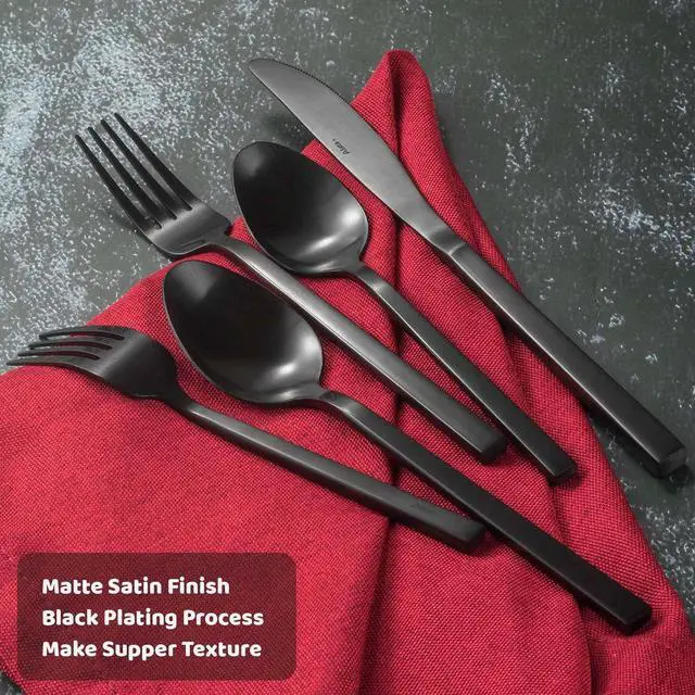 Alt view image 3 of 6 - Alata Cube Black 20-Piece Forged Silverware Set Stainless Steel Flatware Set,Service for 4,Matte Satin Polished Cutlery Set,Dishwasher Safe