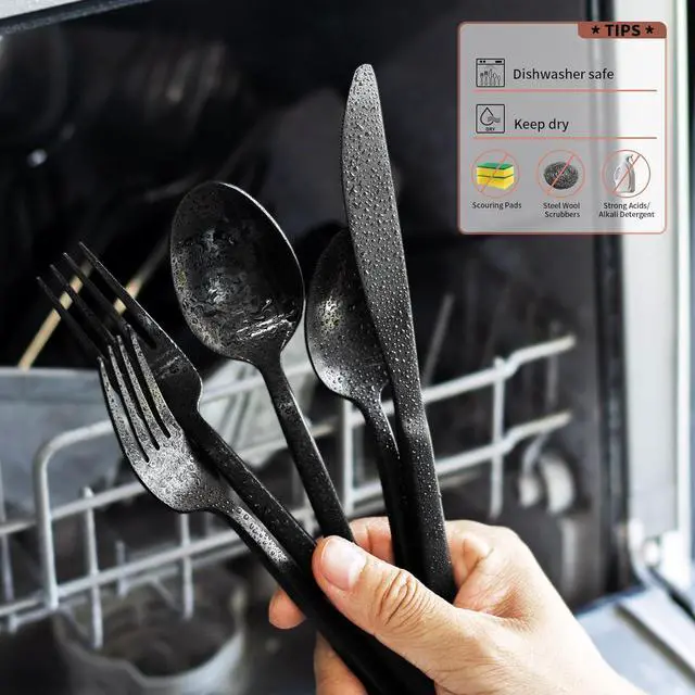 Alt view image 6 of 6 - Alata Cube Black 20-Piece Forged Silverware Set Stainless Steel Flatware Set,Service for 4,Matte Satin Polished Cutlery Set,Dishwasher Safe