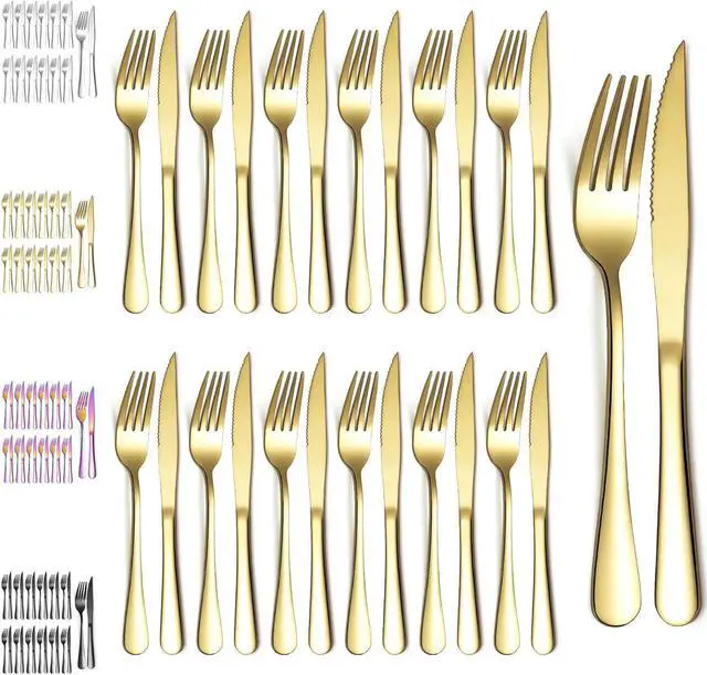 Main image of Evanda Gold Steak Knives Set 24 Piece, Gold Titanium Plating Stainless Steel 12 Dinner Forks and 12 Dinner Knives Set, Steak Knives Steak Forks, Dishwasher Safe