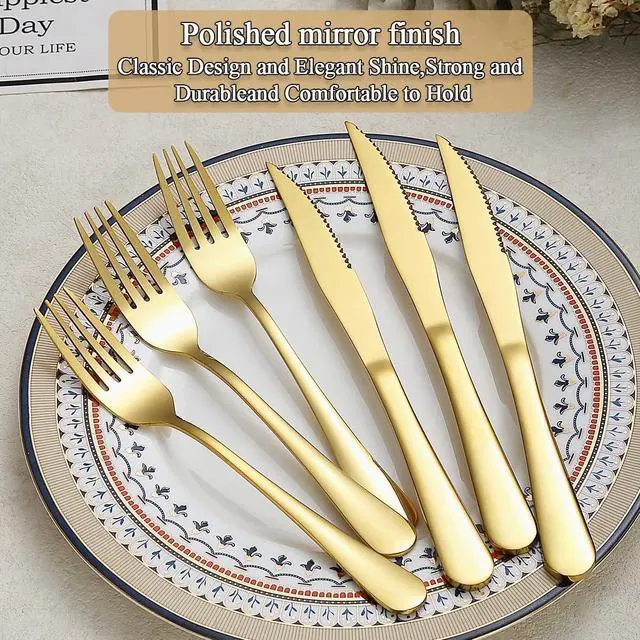 Alt view image 4 of 7 - Evanda Gold Steak Knives Set 24 Piece, Gold Titanium Plating Stainless Steel 12 Dinner Forks and 12 Dinner Knives Set, Steak Knives Steak Forks, Dishwasher Safe