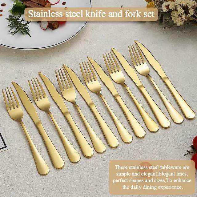 Alt view image 3 of 7 - Evanda Gold Steak Knives Set 24 Piece, Gold Titanium Plating Stainless Steel 12 Dinner Forks and 12 Dinner Knives Set, Steak Knives Steak Forks, Dishwasher Safe