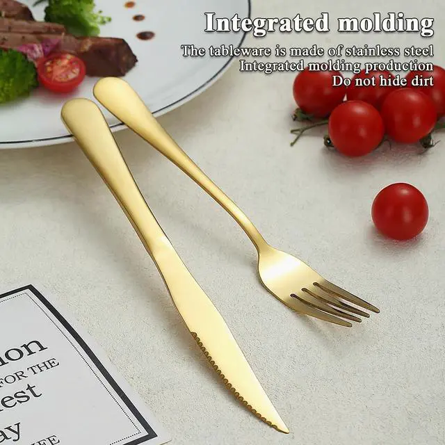 Alt view image 7 of 7 - Evanda Gold Steak Knives Set 24 Piece, Gold Titanium Plating Stainless Steel 12 Dinner Forks and 12 Dinner Knives Set, Steak Knives Steak Forks, Dishwasher Safe