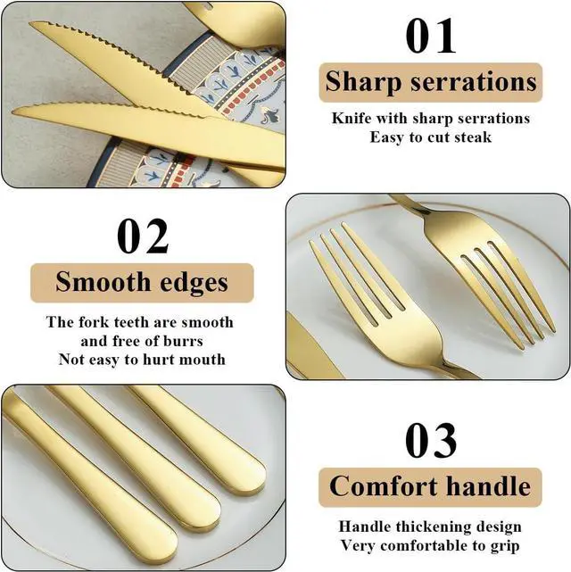 Alt view image 5 of 7 - Evanda Gold Steak Knives Set 24 Piece, Gold Titanium Plating Stainless Steel 12 Dinner Forks and 12 Dinner Knives Set, Steak Knives Steak Forks, Dishwasher Safe