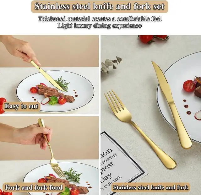 Alt view image 6 of 7 - Evanda Gold Steak Knives Set 24 Piece, Gold Titanium Plating Stainless Steel 12 Dinner Forks and 12 Dinner Knives Set, Steak Knives Steak Forks, Dishwasher Safe