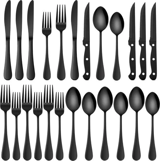 Main image of HaWare 24-Piece Black Silverware Set with Steak Knives, Stainless Steel Cutlery Set, Food Grade Flatware Set Service for 4, Mirror Finished Tableware for Home Restaurant, Include Knives, Forks, Spoons