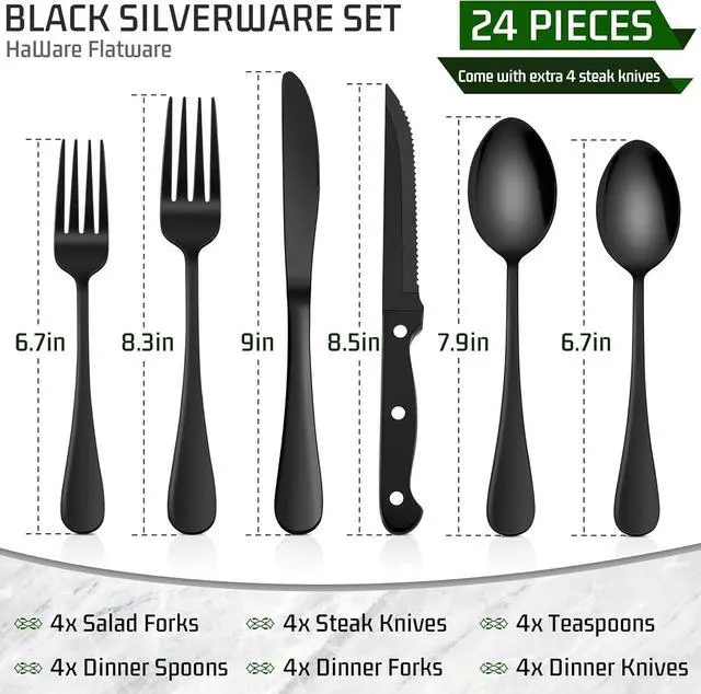 Alt view image 2 of 6 - HaWare 24-Piece Black Silverware Set with Steak Knives, Stainless Steel Cutlery Set, Food Grade Flatware Set Service for 4, Mirror Finished Tableware for Home Restaurant, Include Knives, Forks, Spoons