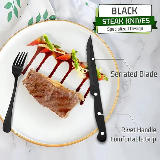 Alt view image 4 of 6 - HaWare 24-Piece Black Silverware Set with Steak Knives, Stainless Steel Cutlery Set, Food Grade Flatware Set Service for 4, Mirror Finished Tableware for Home Restaurant, Include Knives, Forks, Spoons