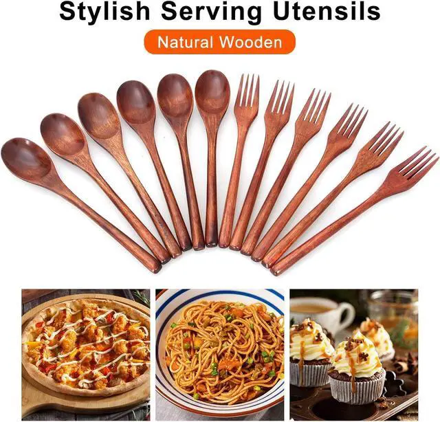 Alt view image 2 of 7 - 12 Pieces Wooden Forks and Spoons for Eating Utensil Set Lunch Wooden Cutlery Japanese Silverware Sets Flatware Reusable Bamboo Small Utensils Korean Mini Wooden Spoon Fork Set