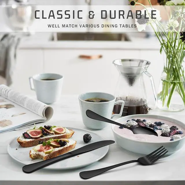 Alt view image 5 of 6 - HaWare 24-Piece Black Silverware Set with Steak Knives, Stainless Steel Cutlery Set, Food Grade Flatware Set Service for 4, Mirror Finished Tableware for Home Restaurant, Include Knives, Forks, Spoons