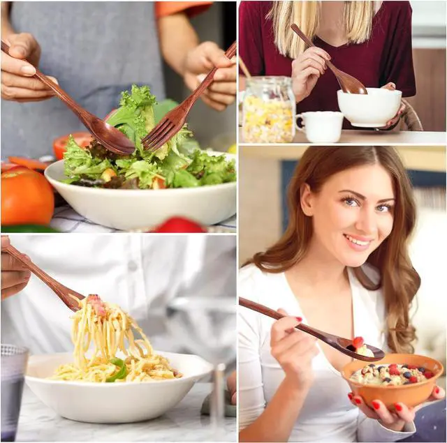 Alt view image 5 of 7 - 12 Pieces Wooden Forks and Spoons for Eating Utensil Set Lunch Wooden Cutlery Japanese Silverware Sets Flatware Reusable Bamboo Small Utensils Korean Mini Wooden Spoon Fork Set