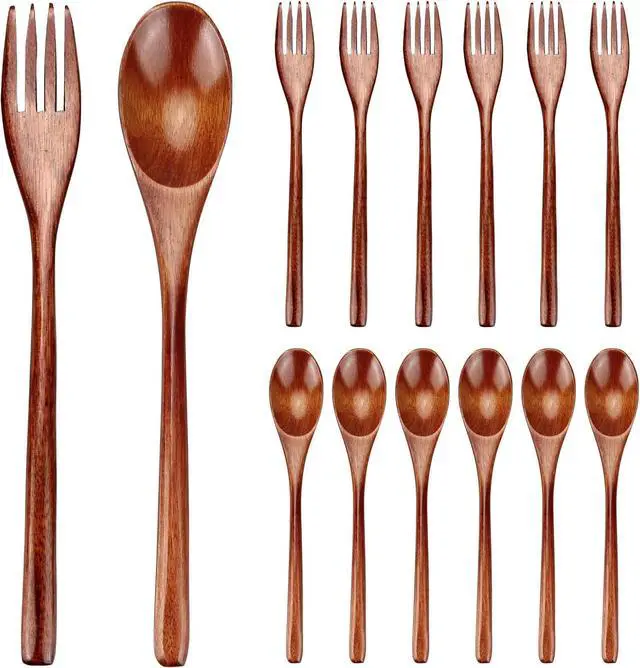 Main image of 12 Pieces Wooden Forks and Spoons for Eating Utensil Set Lunch Wooden Cutlery Japanese Silverware Sets Flatware Reusable Bamboo Small Utensils Korean Mini Wooden Spoon Fork Set