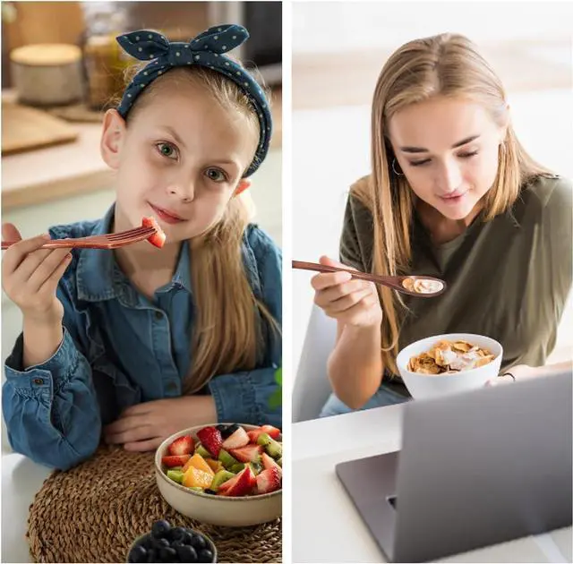 Alt view image 3 of 7 - 12 Pieces Wooden Forks and Spoons for Eating Utensil Set Lunch Wooden Cutlery Japanese Silverware Sets Flatware Reusable Bamboo Small Utensils Korean Mini Wooden Spoon Fork Set