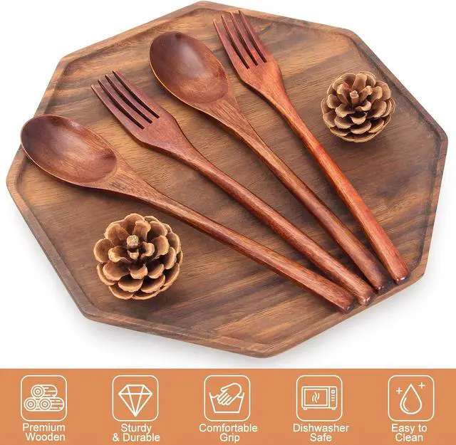 Alt view image 4 of 7 - 12 Pieces Wooden Forks and Spoons for Eating Utensil Set Lunch Wooden Cutlery Japanese Silverware Sets Flatware Reusable Bamboo Small Utensils Korean Mini Wooden Spoon Fork Set