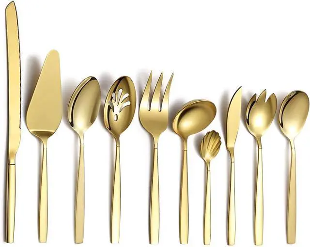 Main image of Berglander Gold Serving Utensils 10 Pieces, Titanium Golden Plating Serving Spoons, Included Cake Knife Cake Server Serving Forks Sugar Spoon Salad Spoon Forks Butter Knife Gravy Ladle ect.