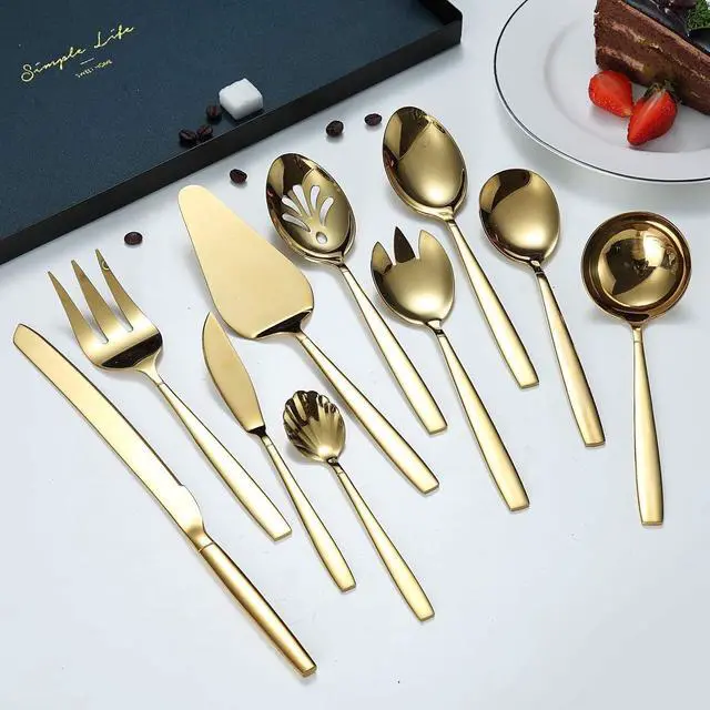 Alt view image 3 of 7 - Berglander Gold Serving Utensils 10 Pieces, Titanium Golden Plating Serving Spoons, Included Cake Knife Cake Server Serving Forks Sugar Spoon Salad Spoon Forks Butter Knife Gravy Ladle ect.