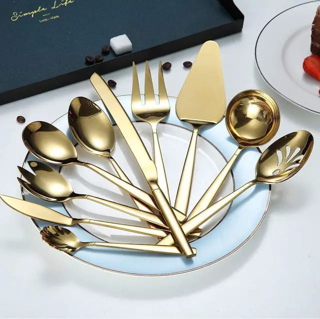 Alt view image 2 of 7 - Berglander Gold Serving Utensils 10 Pieces, Titanium Golden Plating Serving Spoons, Included Cake Knife Cake Server Serving Forks Sugar Spoon Salad Spoon Forks Butter Knife Gravy Ladle ect.