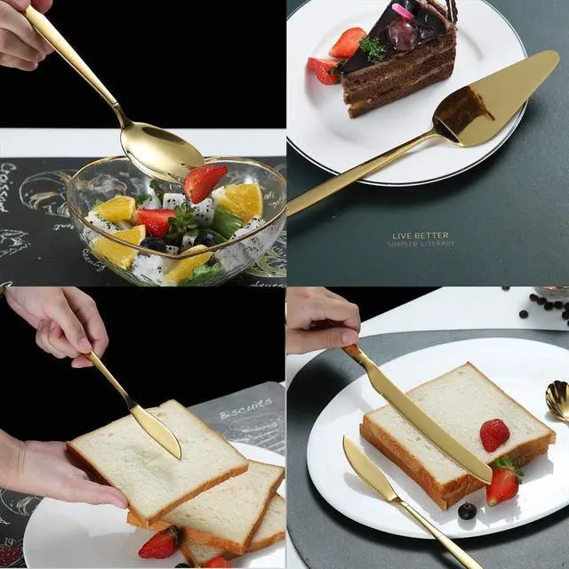 Alt view image 6 of 7 - Berglander Gold Serving Utensils 10 Pieces, Titanium Golden Plating Serving Spoons, Included Cake Knife Cake Server Serving Forks Sugar Spoon Salad Spoon Forks Butter Knife Gravy Ladle ect.