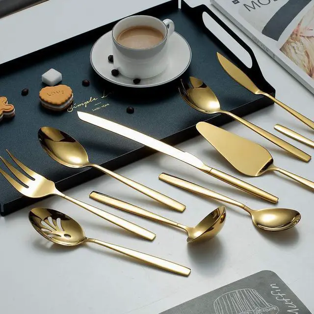 Alt view image 4 of 7 - Berglander Gold Serving Utensils 10 Pieces, Titanium Golden Plating Serving Spoons, Included Cake Knife Cake Server Serving Forks Sugar Spoon Salad Spoon Forks Butter Knife Gravy Ladle ect.