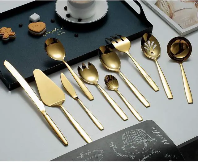 Alt view image 7 of 7 - Berglander Gold Serving Utensils 10 Pieces, Titanium Golden Plating Serving Spoons, Included Cake Knife Cake Server Serving Forks Sugar Spoon Salad Spoon Forks Butter Knife Gravy Ladle ect.