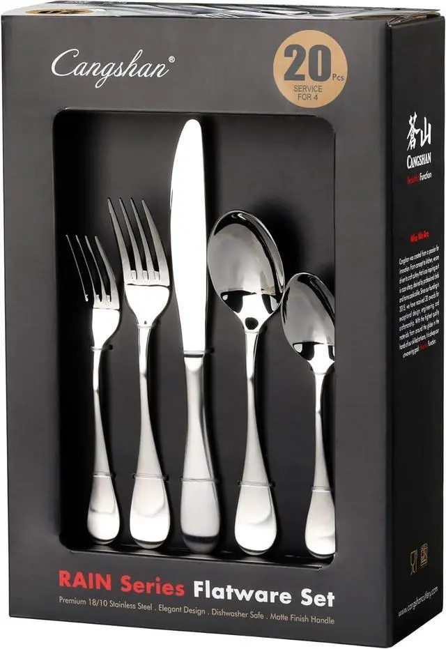 Alt view image 7 of 7 - Cangshan RAIN Series Stainless Flatware Set, Window Box, Matte Finish Handle (20-Piece)