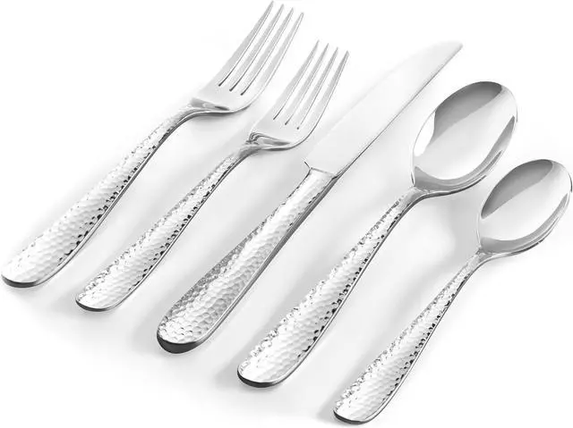 Alt view image 7 of 7 - Hudson Essentials Premium 20 Piece Hammered Silverware Set, 18/10 Stainless Steel, Fine Flatware Service for 4 - Dishwasher Safe Bergamo Cutlery