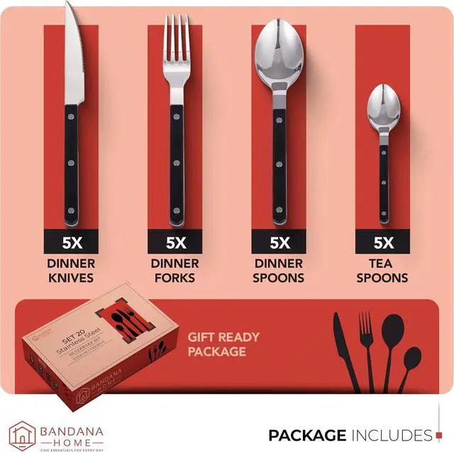 Alt view image 2 of 7 - Stainless steel Silverware set black, 20-piece, Black flatware set, Silverware black, Flatware sets, Eating utensils sets, Kitchen silverware sets (Juego de cubiertos de acero inoxidable)