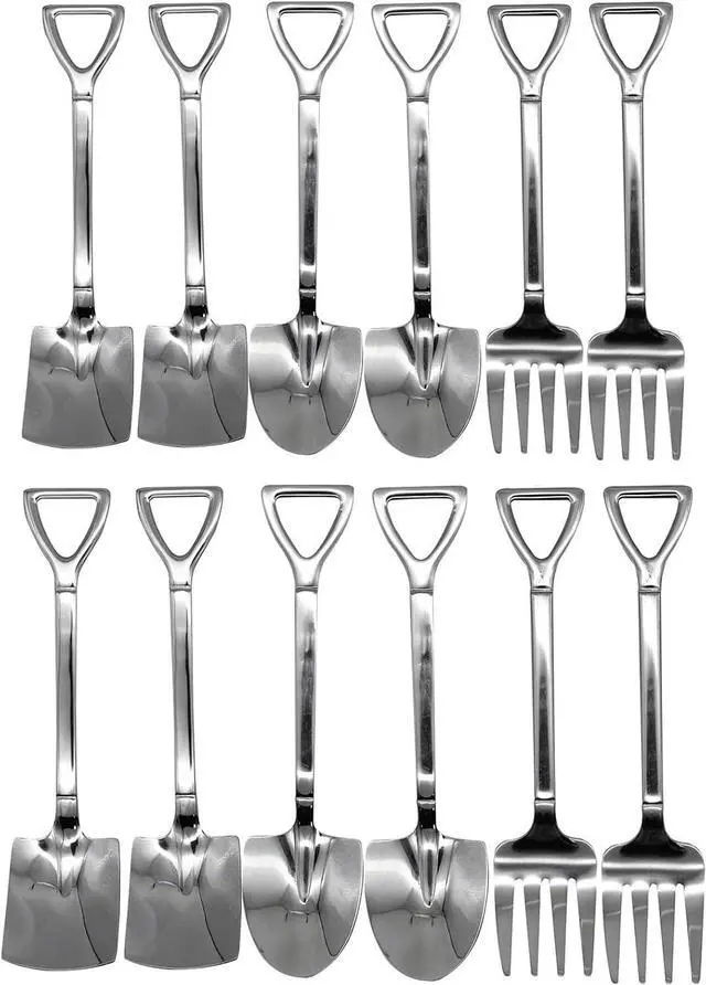 Main image of 12Pcs Shovel Spoons and Fork Set 18/10(304) Stainless Steel Spade Shape Silverware Set 6.1inch Mini Spoon for Dessert Coffee Yogurt Cake Fruit Ice Cream