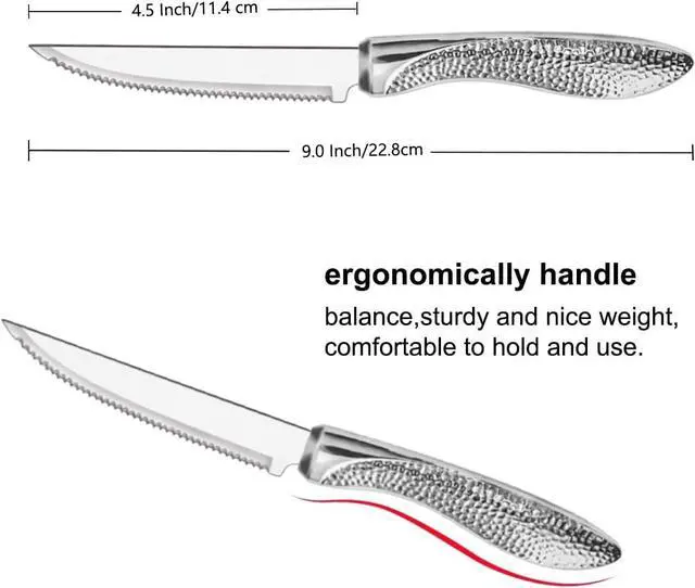 Alt view image 2 of 7 - Serrated Steak Knives Set of 12, Stainless Steel Sharp Blade Flatware Steak Knife Set, Hammered Pattern Hollowed Handle,4.5 In,For Kitchen Restaurant Tableware,Dishwasher Safe