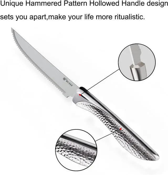 Alt view image 3 of 7 - Serrated Steak Knives Set of 12, Stainless Steel Sharp Blade Flatware Steak Knife Set, Hammered Pattern Hollowed Handle,4.5 In,For Kitchen Restaurant Tableware,Dishwasher Safe