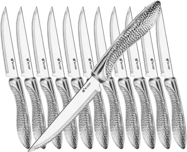 Main image of Serrated Steak Knives Set of 12, Stainless Steel Sharp Blade Flatware Steak Knife Set, Hammered Pattern Hollowed Handle,4.5 In,For Kitchen Restaurant Tableware,Dishwasher Safe