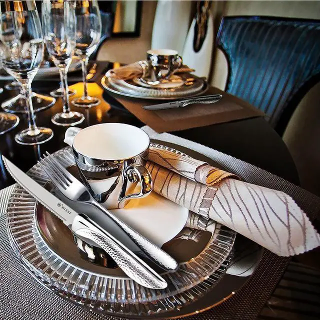 Alt view image 7 of 7 - Serrated Steak Knives Set of 12, Stainless Steel Sharp Blade Flatware Steak Knife Set, Hammered Pattern Hollowed Handle,4.5 In,For Kitchen Restaurant Tableware,Dishwasher Safe