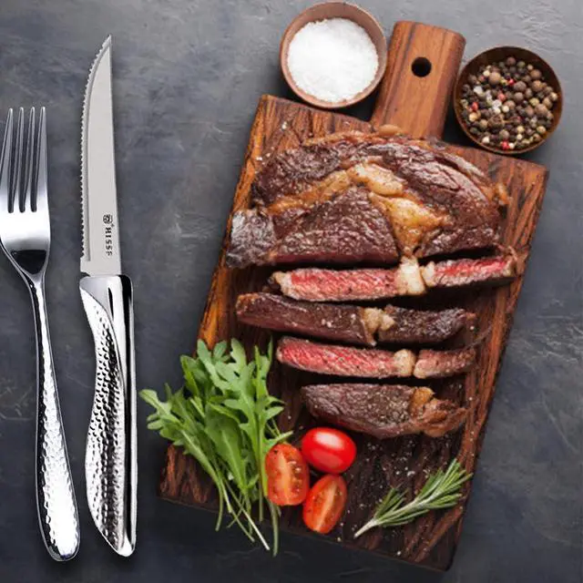Alt view image 5 of 7 - Serrated Steak Knives Set of 12, Stainless Steel Sharp Blade Flatware Steak Knife Set, Hammered Pattern Hollowed Handle,4.5 In,For Kitchen Restaurant Tableware,Dishwasher Safe