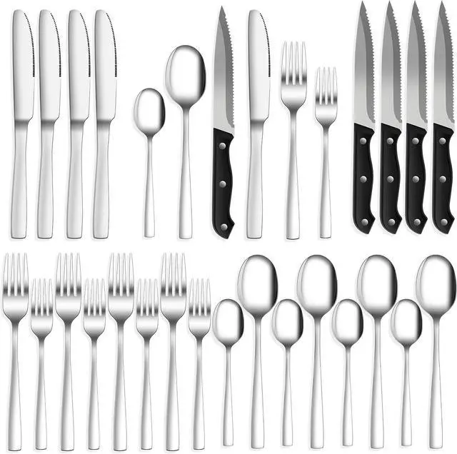 Main image of 24-Piece Silverware Set Flatware Set for 4, Mirror Polished Stainless Steel with Steak Knives - Dishwasher Safe Kitchen Utensil sets for Home, Wedding, Restaurant