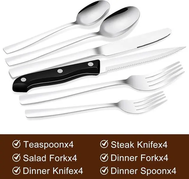 Alt view image 2 of 6 - 24-Piece Silverware Set Flatware Set for 4, Mirror Polished Stainless Steel with Steak Knives - Dishwasher Safe Kitchen Utensil sets for Home, Wedding, Restaurant