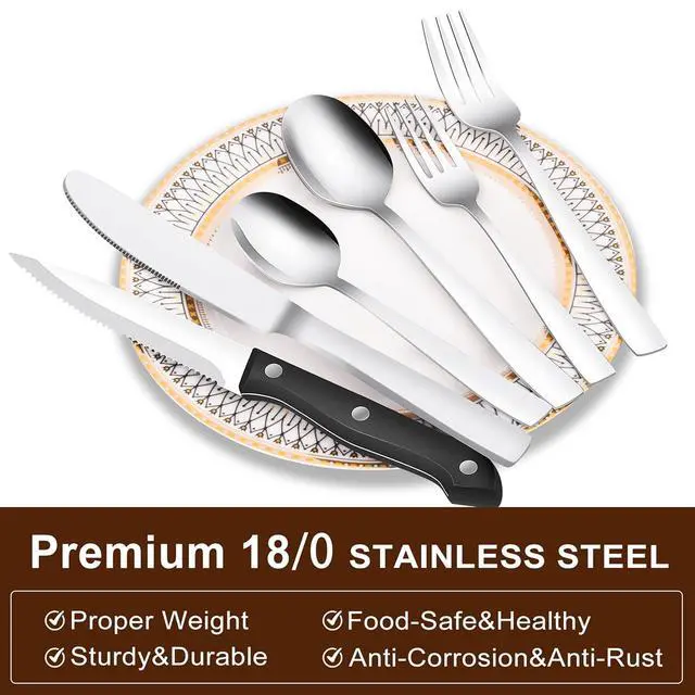 Alt view image 4 of 6 - 24-Piece Silverware Set Flatware Set for 4, Mirror Polished Stainless Steel with Steak Knives - Dishwasher Safe Kitchen Utensil sets for Home, Wedding, Restaurant