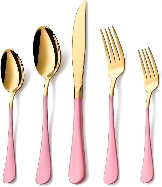 Main image of 20 Piece Gold and Pink 18/0 Flatware Utensil Set for 4, Include Dinner Knife,Dinner Forks,Dinner Spoons,Salad Forks,Teaspoons,Silverware Set for 4, Dishwasher Safe